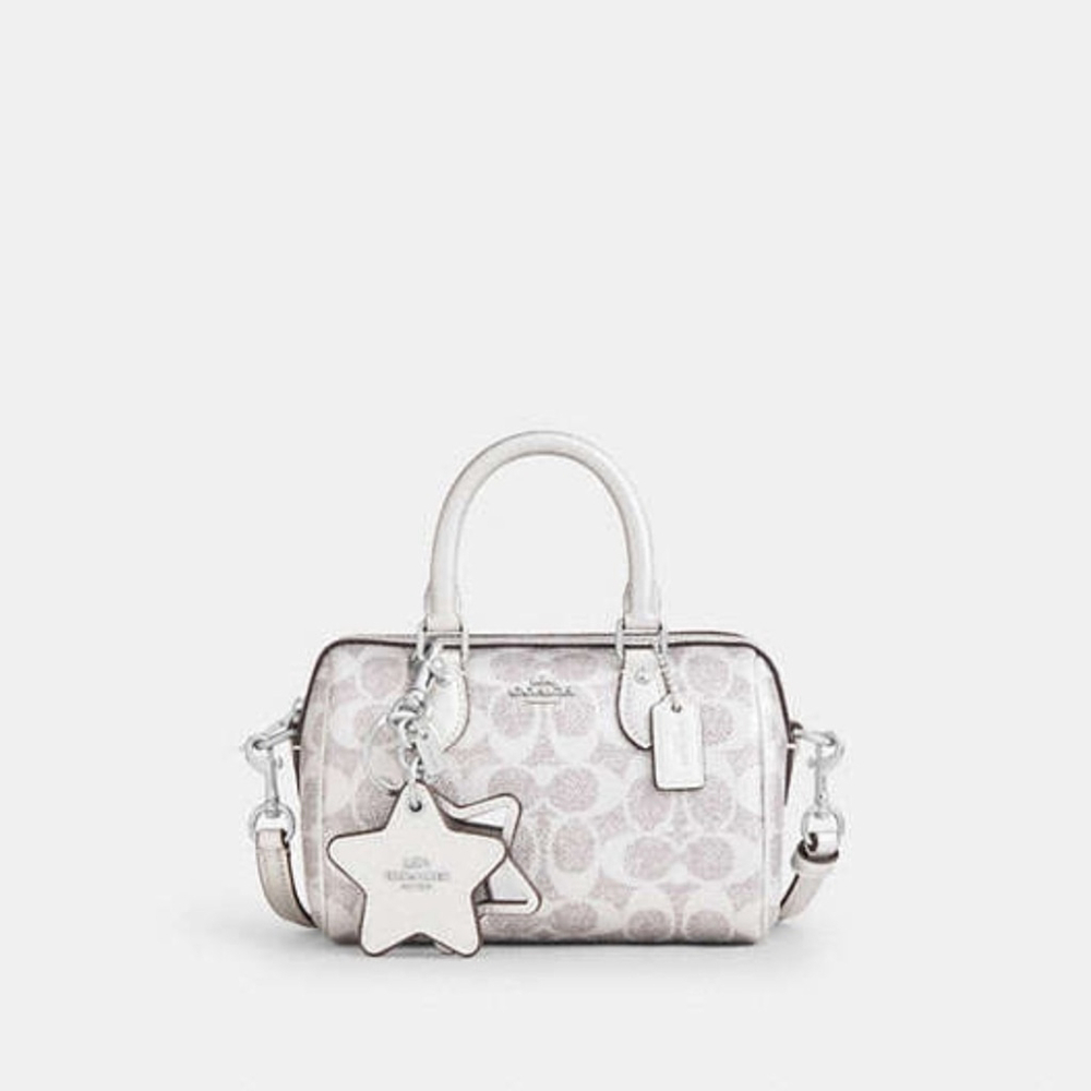 Coach Boxed Set Mini Rowan Bag with Mirror Bag Charm in Silver Signature Canvas - Picture 3 of 5